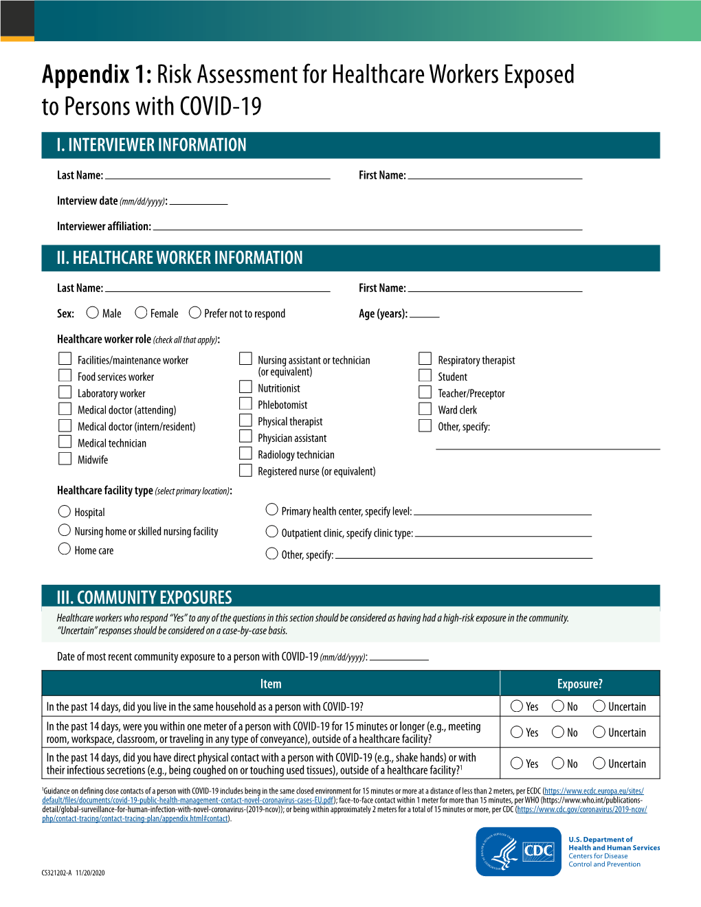 Appendix 1: Risk Assessment for Healthcare Workers Exposed to Persons with COVID-19 I