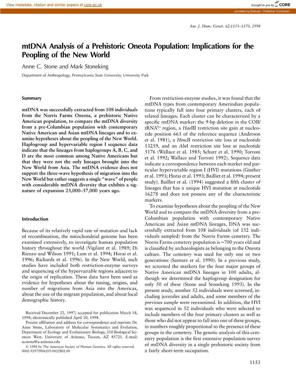 Mtdna Analysis of a Prehistoric Oneota Population: Implications for the Peopling of the New World Anne C