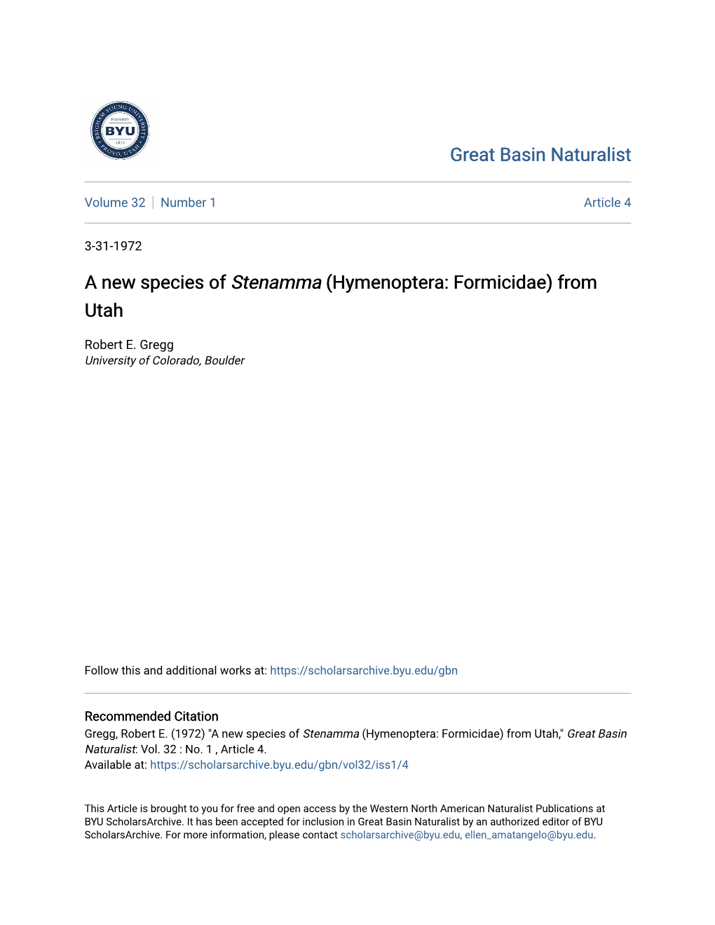 A New Species of Stenamma (Hymenoptera: Formicidae) from Utah