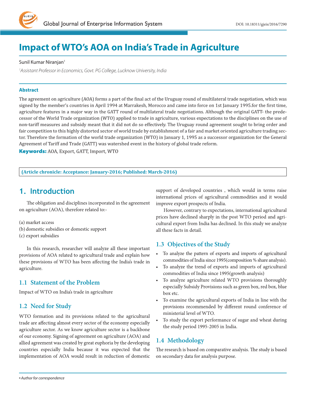 Impact of WTO's AOA on India's Trade in Agriculture