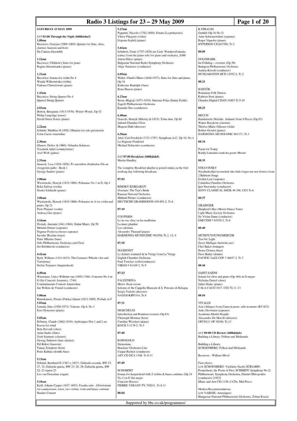 Radio 3 Listings for 23 – 29 May 2009 Page 1 Of