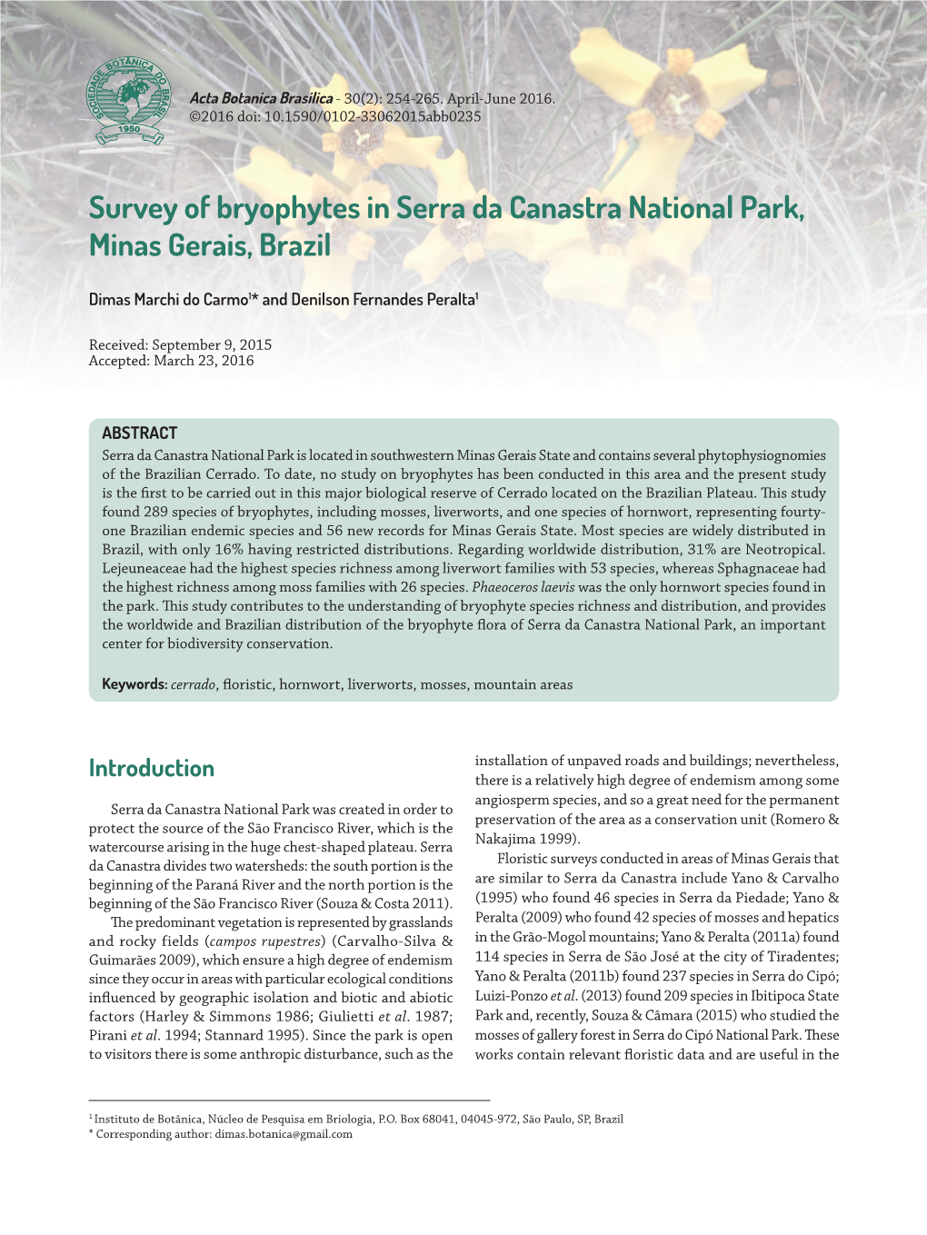Survey of Bryophytes in Serra Da Canastra National Park, Minas Gerais, Brazil