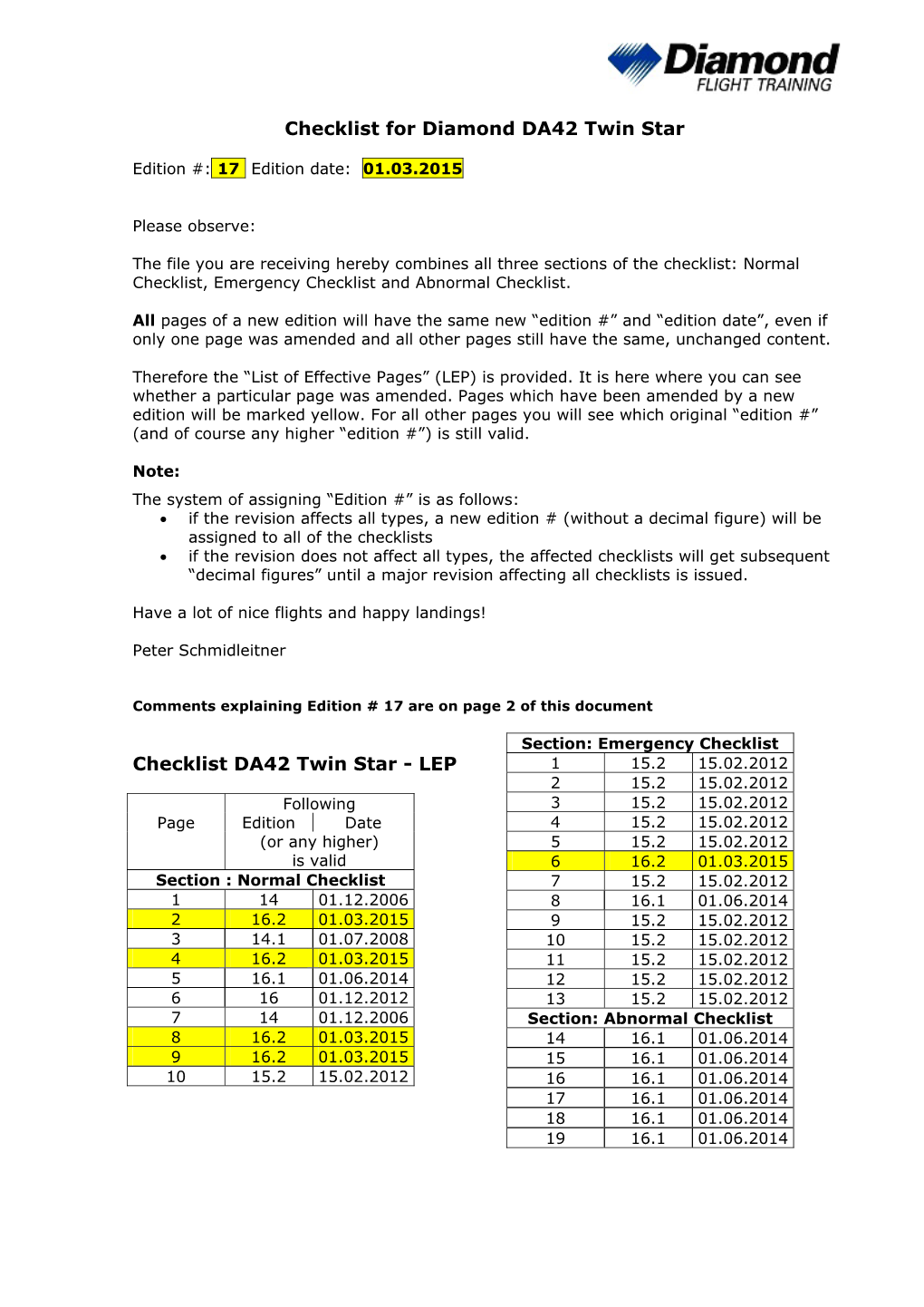 Checklist for Diamond DA42 Twin Star Checklist