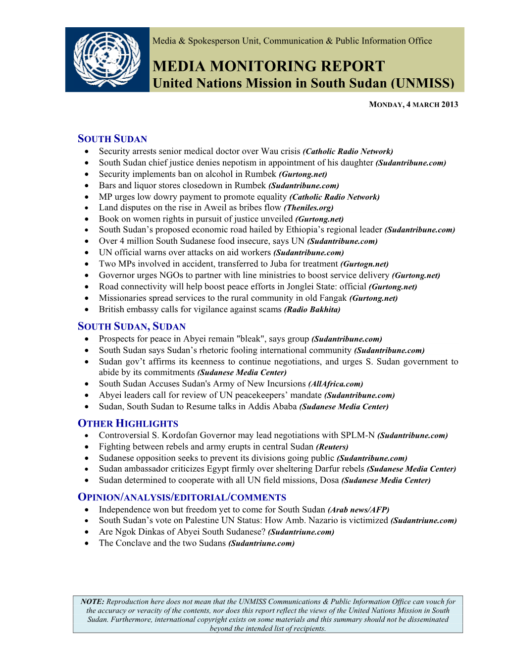 MEDIA MONITORING REPORT United Nations Mission in South Sudan (UNMISS)
