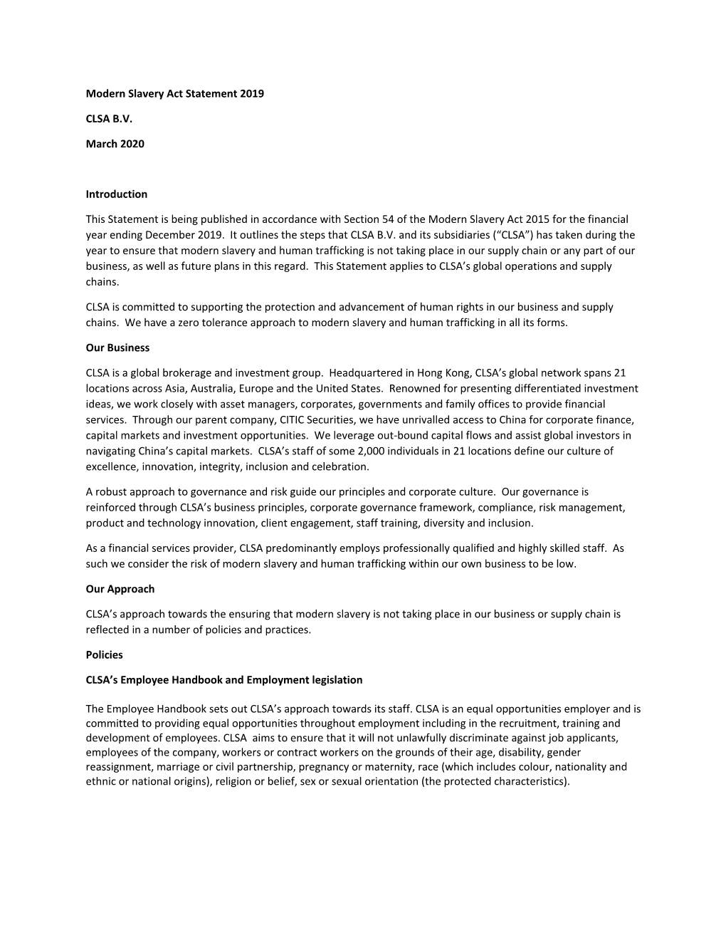 Modern Slavery Act Statement 2019 CLSA B.V. March 2020 Introduction