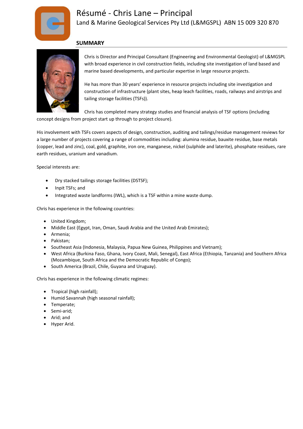 Résumé ‐ Chris Lane – Principal Land & Marine Geological Services Pty Ltd (L&MGSPL) ABN 15 009 320 870