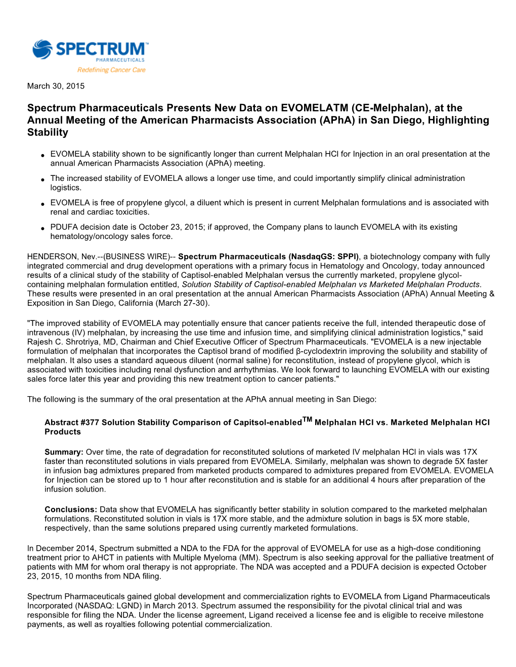 (CE-Melphalan), at the Annual Meeting of the American Pharmacists Association (Apha) in San Diego, Highlighting Stability