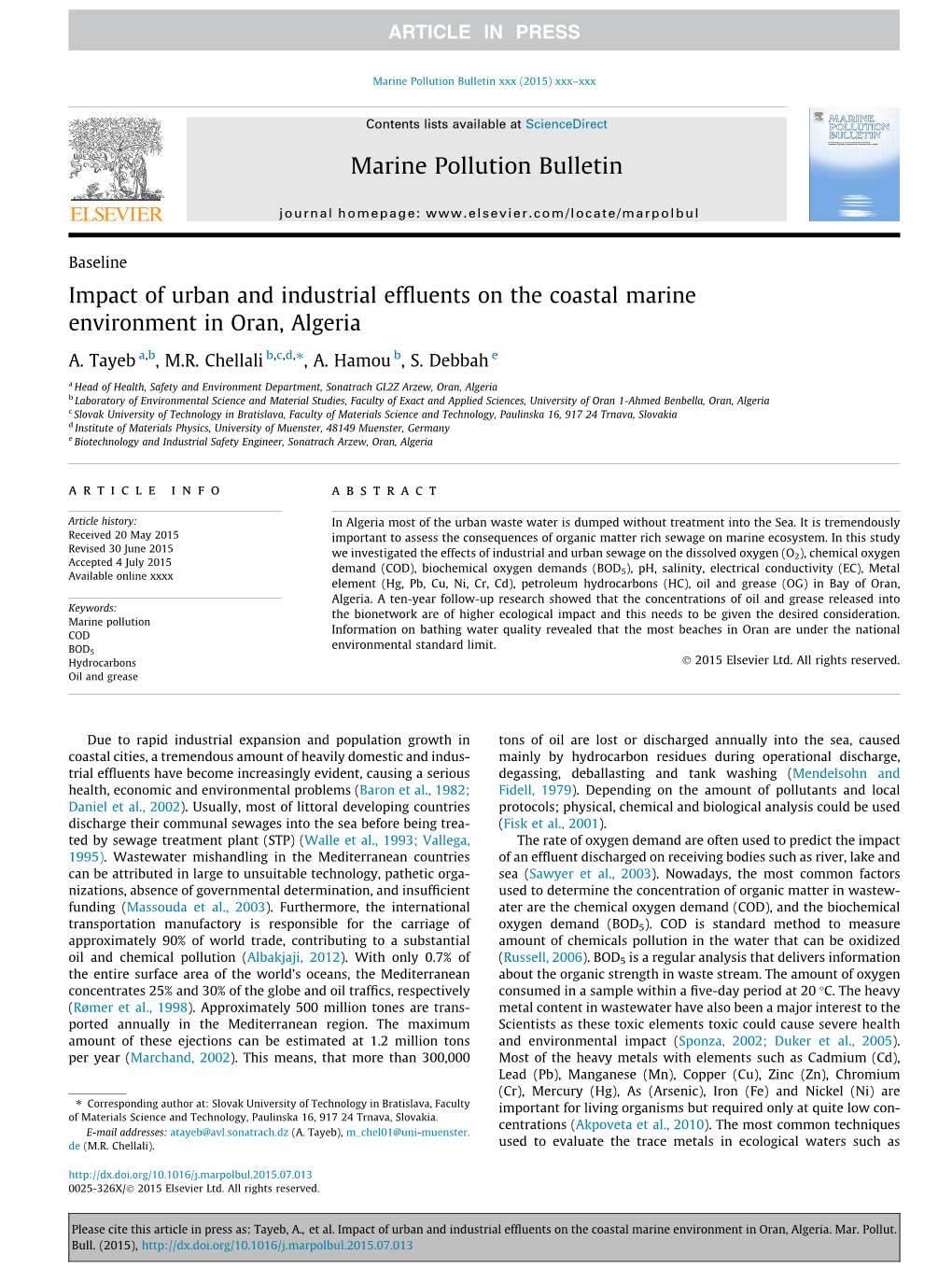 Impact of Urban and Industrial Effluents on the Coastal Marine Environment in Oran, Algeria