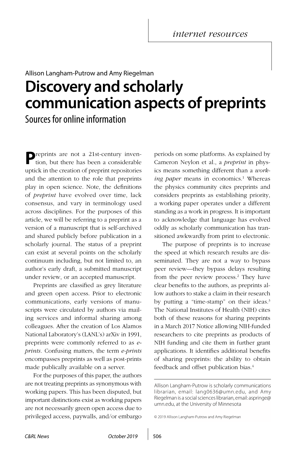 Discovery and Scholarly Communication Aspects of Preprints Sources for Online Information