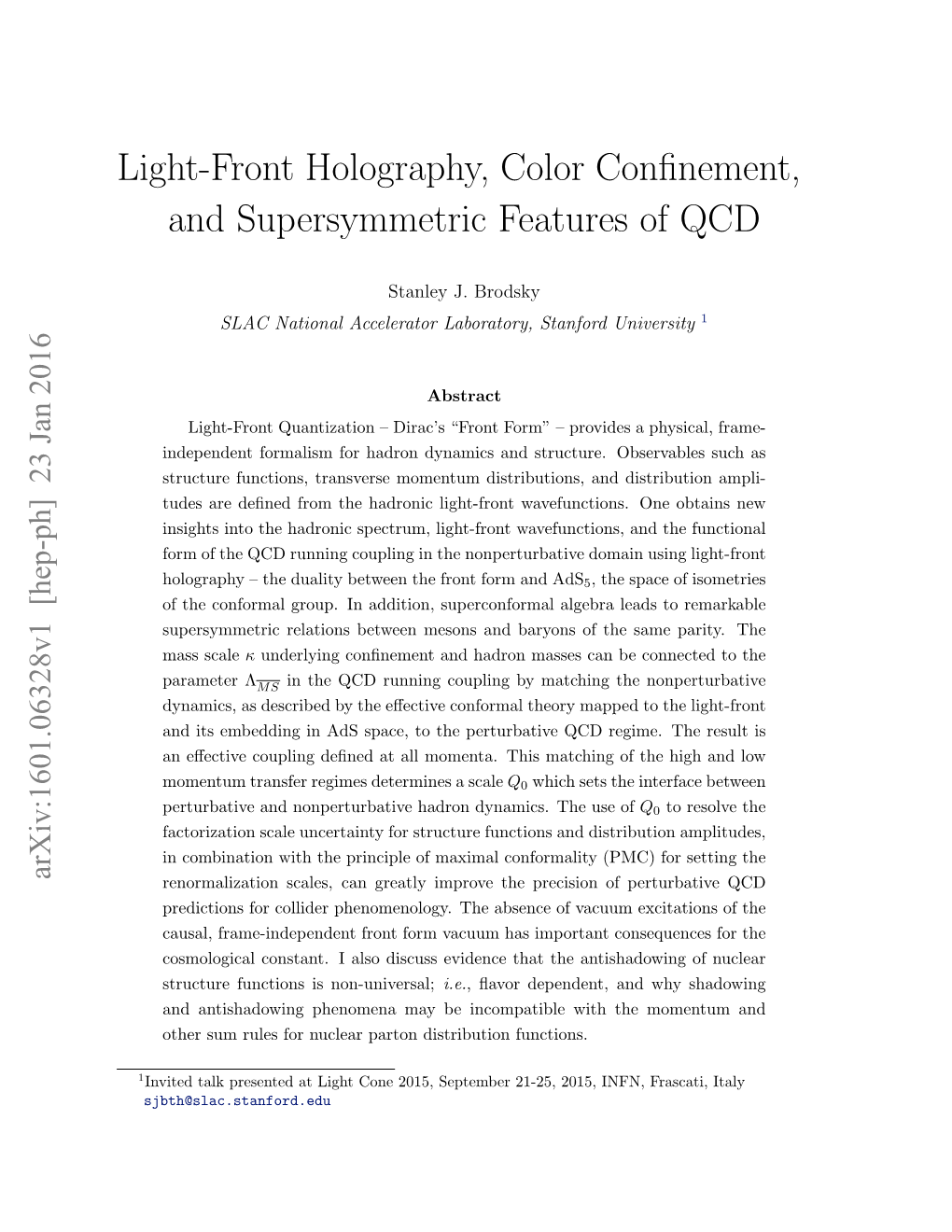 Light-Front Holography, Color Confinement, and Supersymmetric