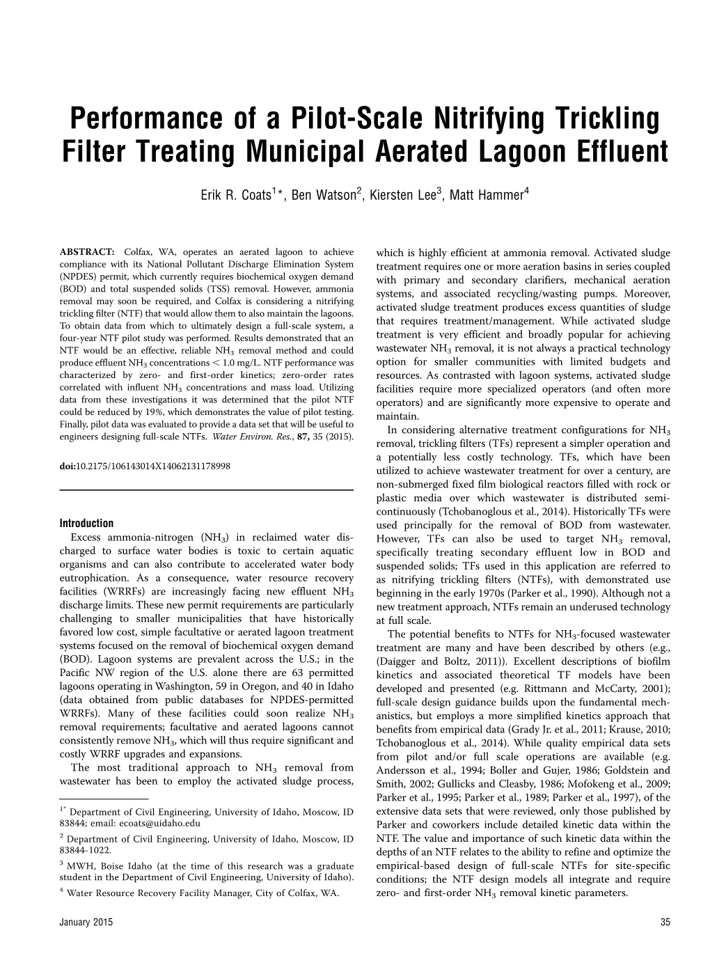 Performance of a Pilot-Scale Nitrifying Trickling Filter Treating Municipal Aerated Lagoon Effluent