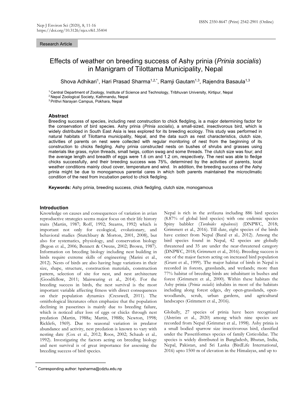 Effects of Weather on Breeding Success of Ashy Prinia (Prinia Socialis) in Manigram of Tilottama Municipality, Nepal