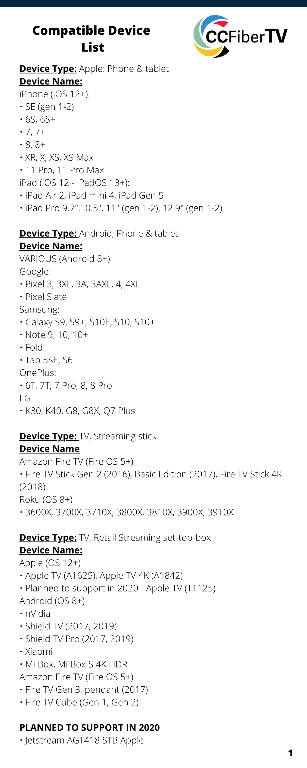 Ccfiber TV Device List