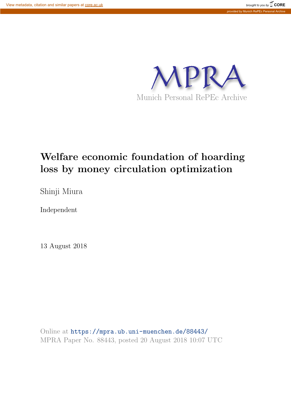 Welfare Economic Foundation of Hoarding Loss by Money Circulation Optimization