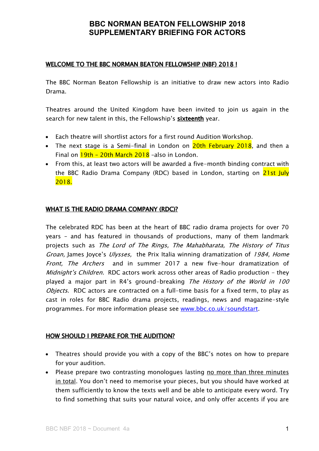 Norman Beaton Fellowship 2018 Supplementary Briefing for Actors