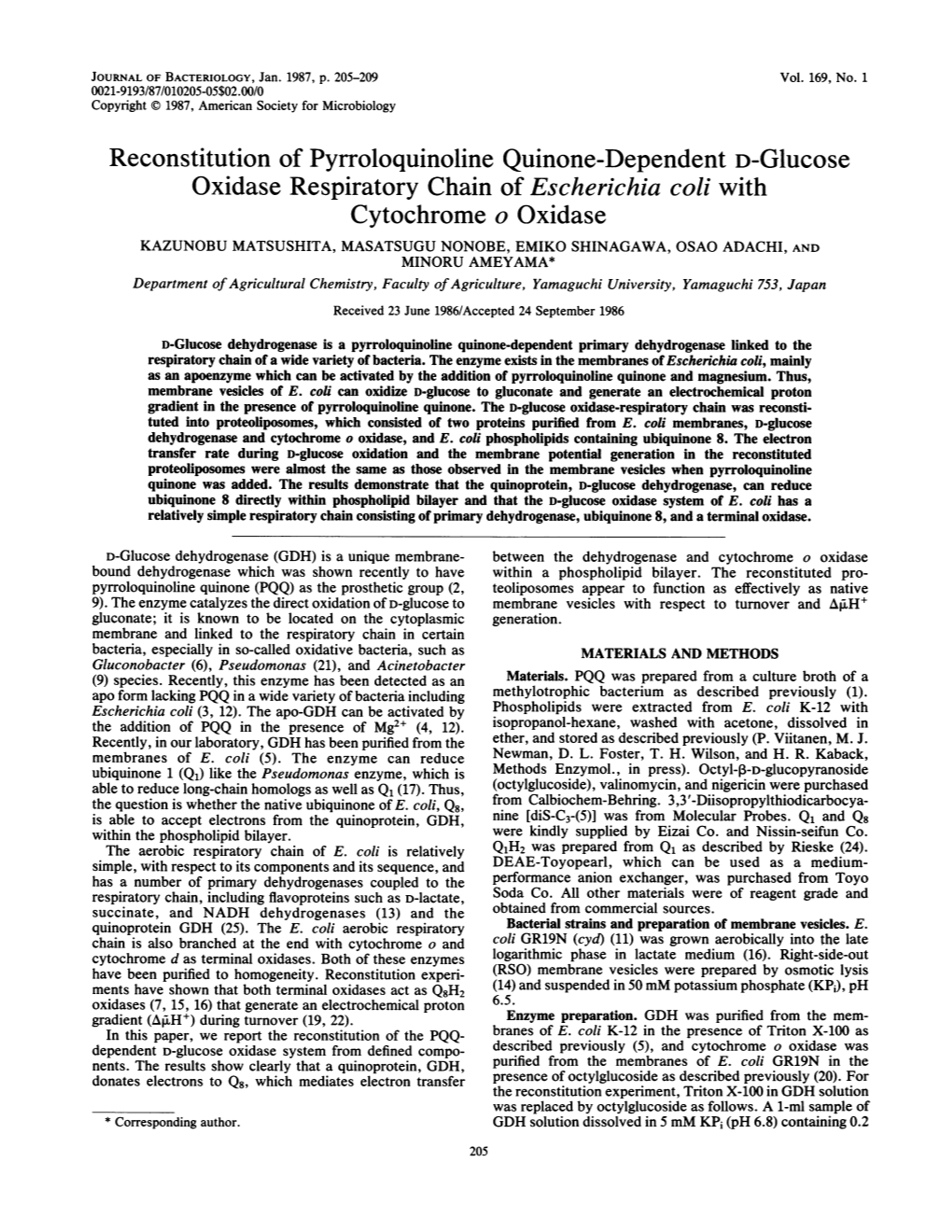 Reconstitution of Pyrroloquinoline Quinone-Dependent D-Glucose Oxidase Respiratory Chain of Escherichia Coli with Cytochrome