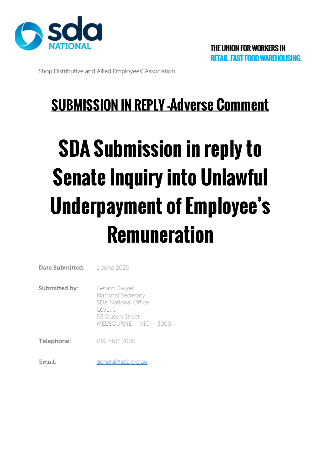 SDA Submission in Reply to Senate Inquiry Into Unlawful Underpayment of Employee's Remuneration