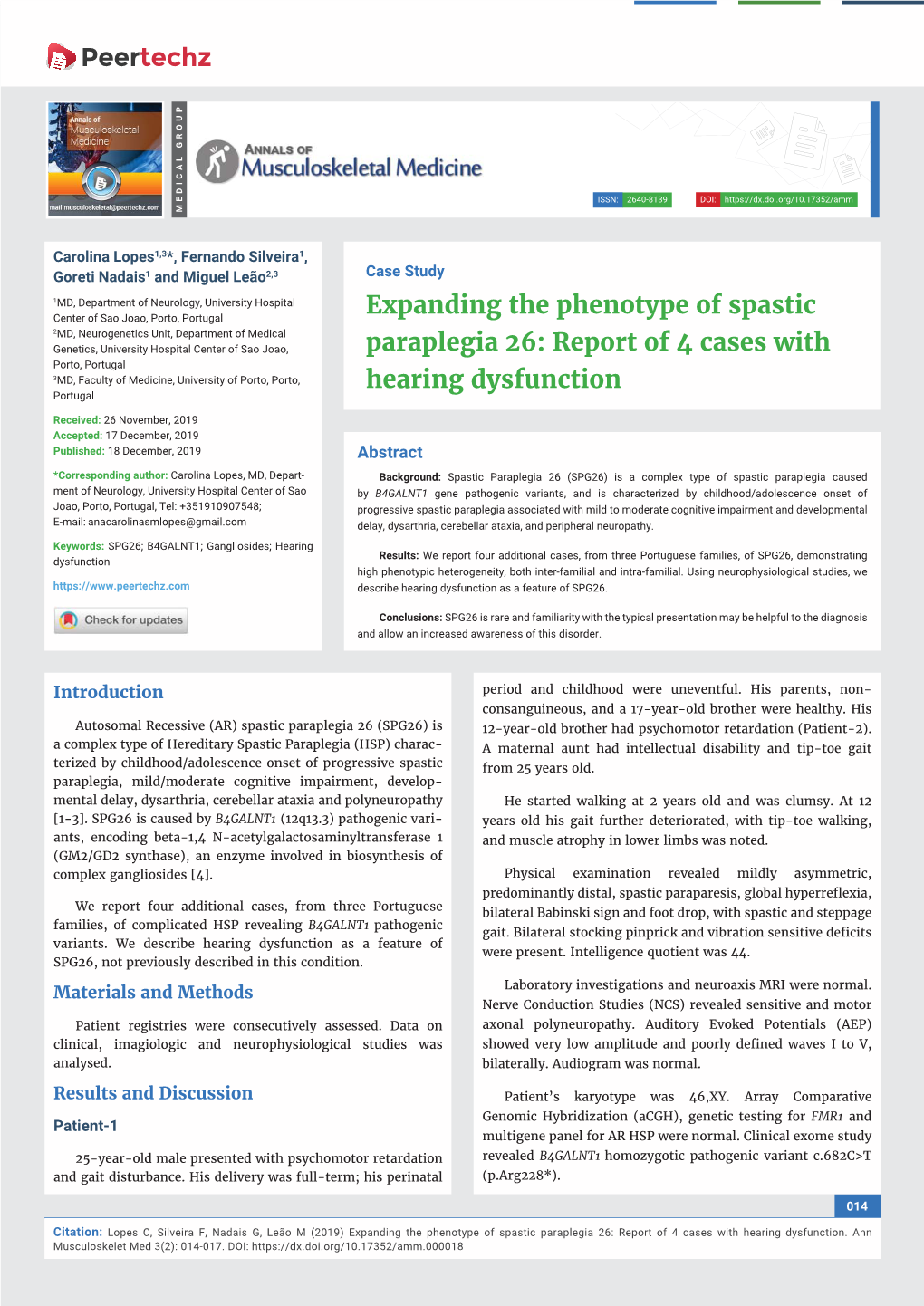 Expanding the Phenotype of Spastic Paraplegia 26: Report of 4 Cases with Hearing Dysfunction