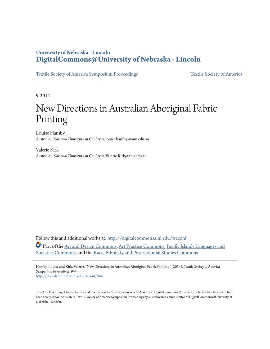 New Directions in Australian Aboriginal Fabric Printing Louise Hamby Australian National University in Canberra, Louise.Hamby@Anu.Edu.Au