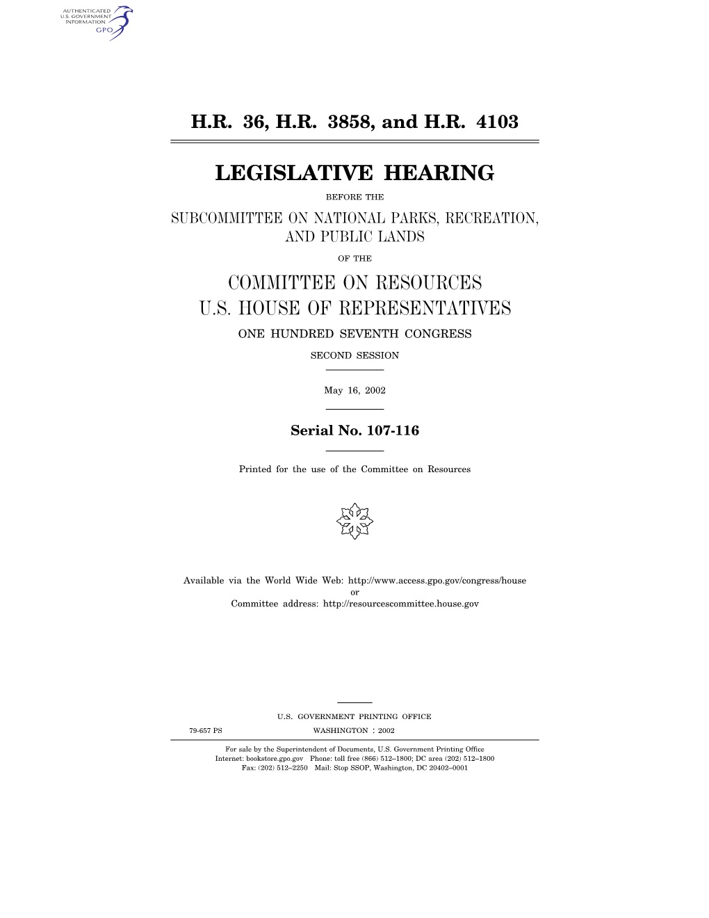 Legislative Hearing Committee on Resources U.S. House of Representatives