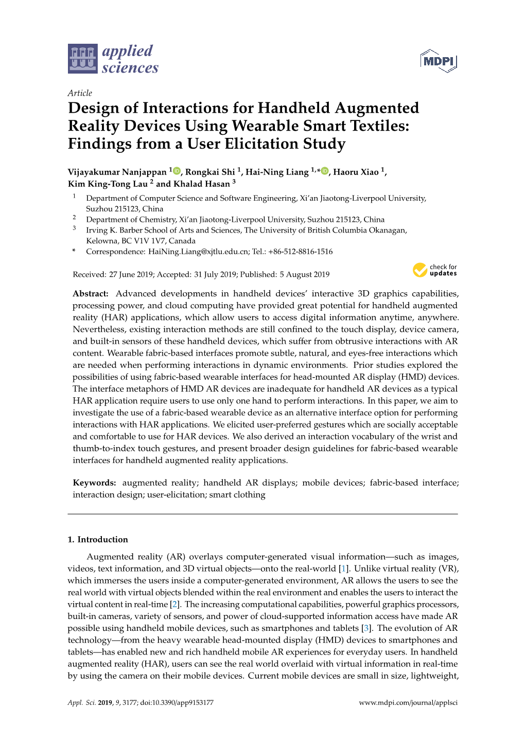 Design of Interactions for Handheld Augmented Reality Devices Using Wearable Smart Textiles: Findings from a User Elicitation Study