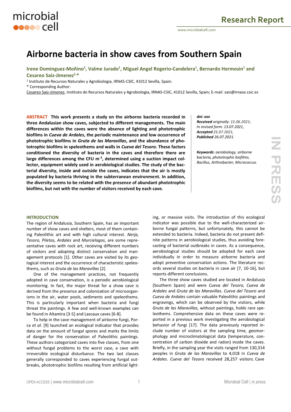 Airborne Bacteria in Show Caves from Southern Spain