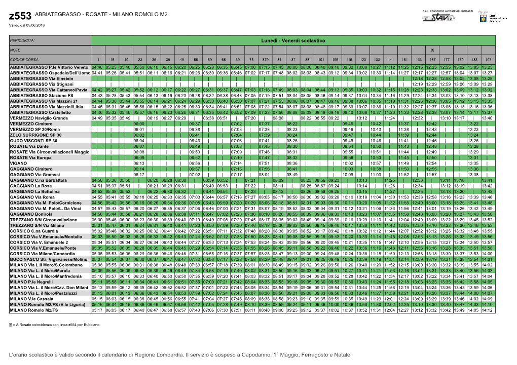 Z553 ABBIATEGRASSO - ROSATE - MILANO ROMOLO M2 Valido Dal 05.06.2018