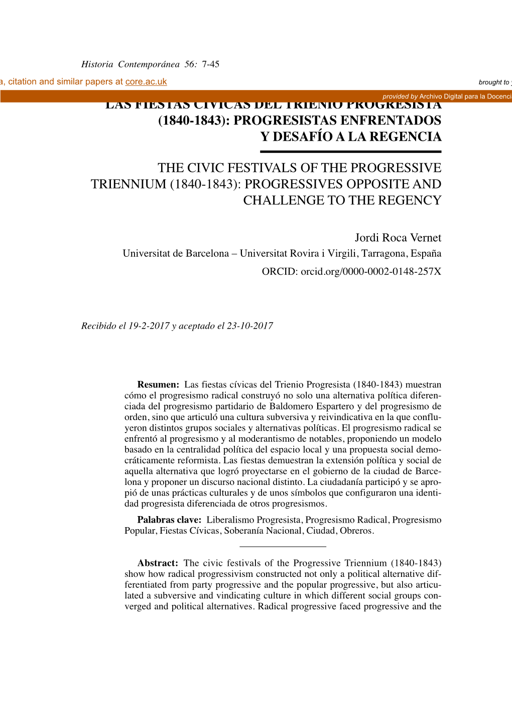 Las Fiestas Cívicas Del Trienio Progresista (1840-1843): Progresistas Enfrentados Y Desafío a La Regencia