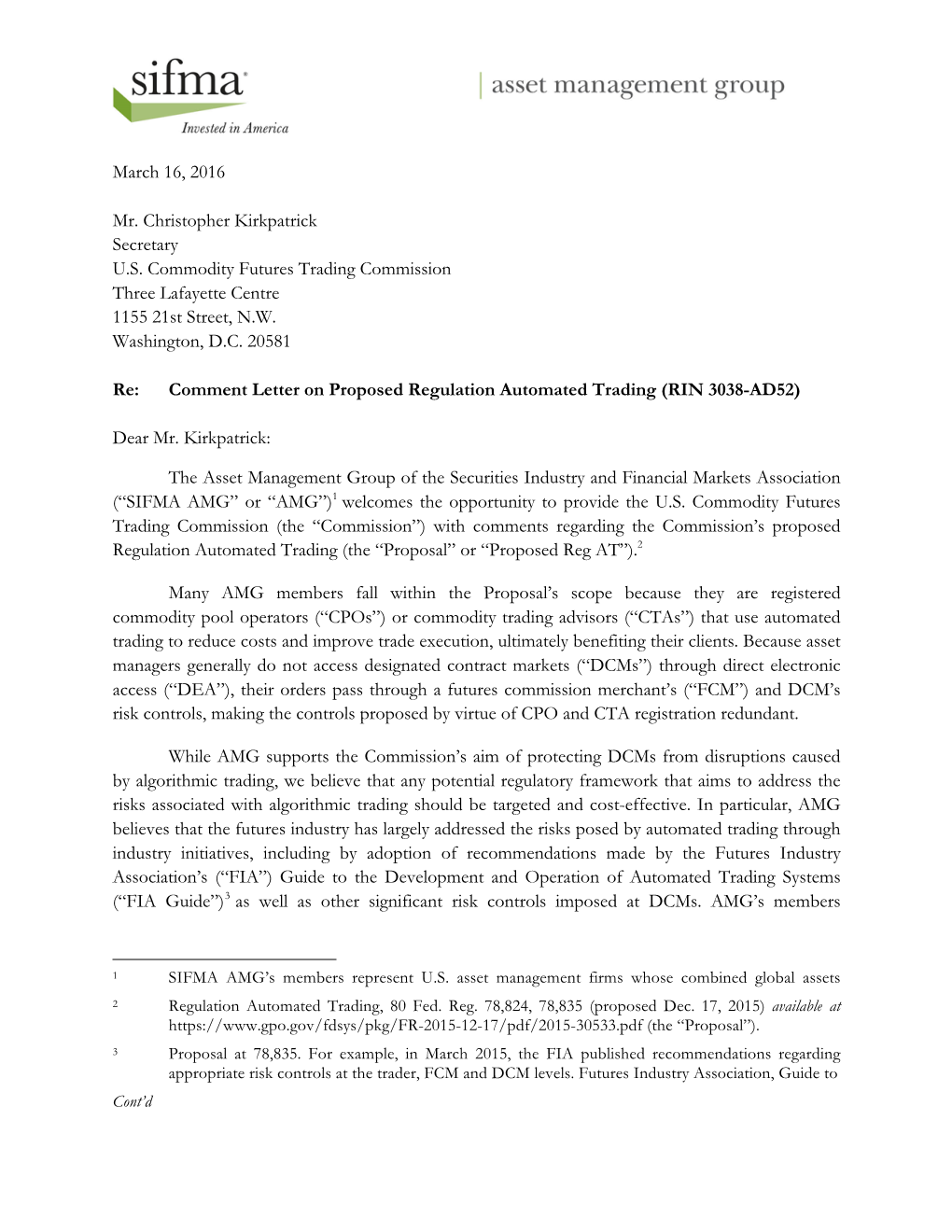 SIFMA AMG Submits Comments to the CFTC on Proposed Regulation
