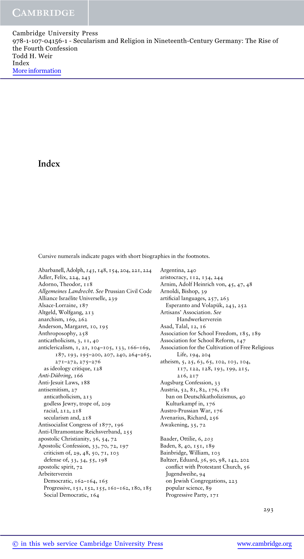 Secularism and Religion in Nineteenth-Century Germany: the Rise of the Fourth Confession Todd H