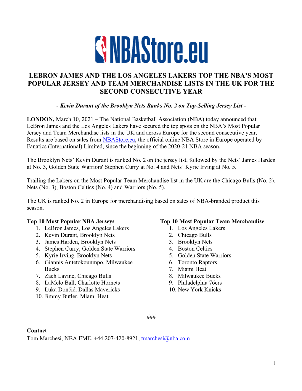 Lebron James and the Los Angeles Lakers Top the Nba’S Most Popular Jersey and Team Merchandise Lists in the Uk for the Second Consecutive Year