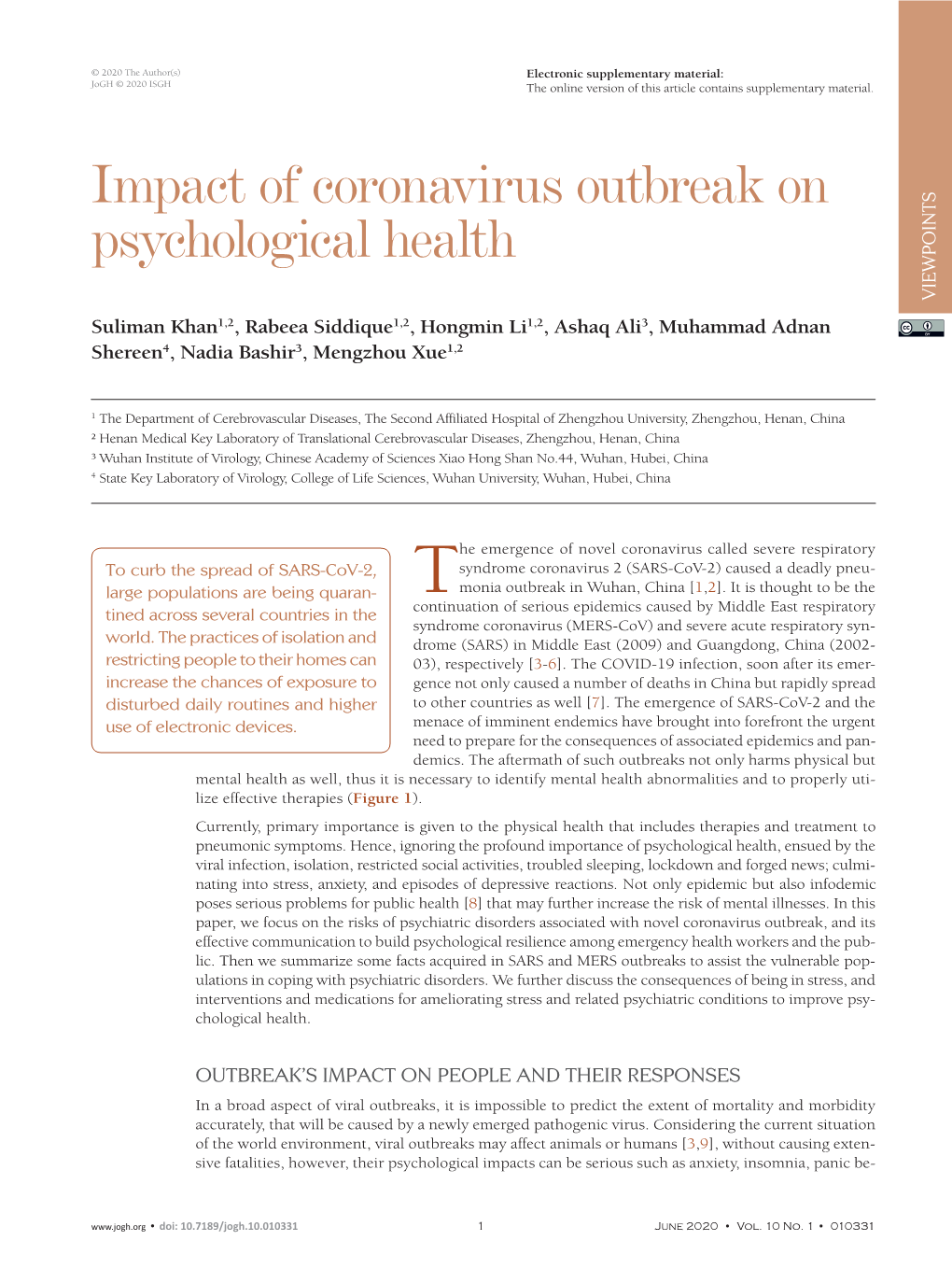 Impact of Coronavirus Outbreak on Psychological Health