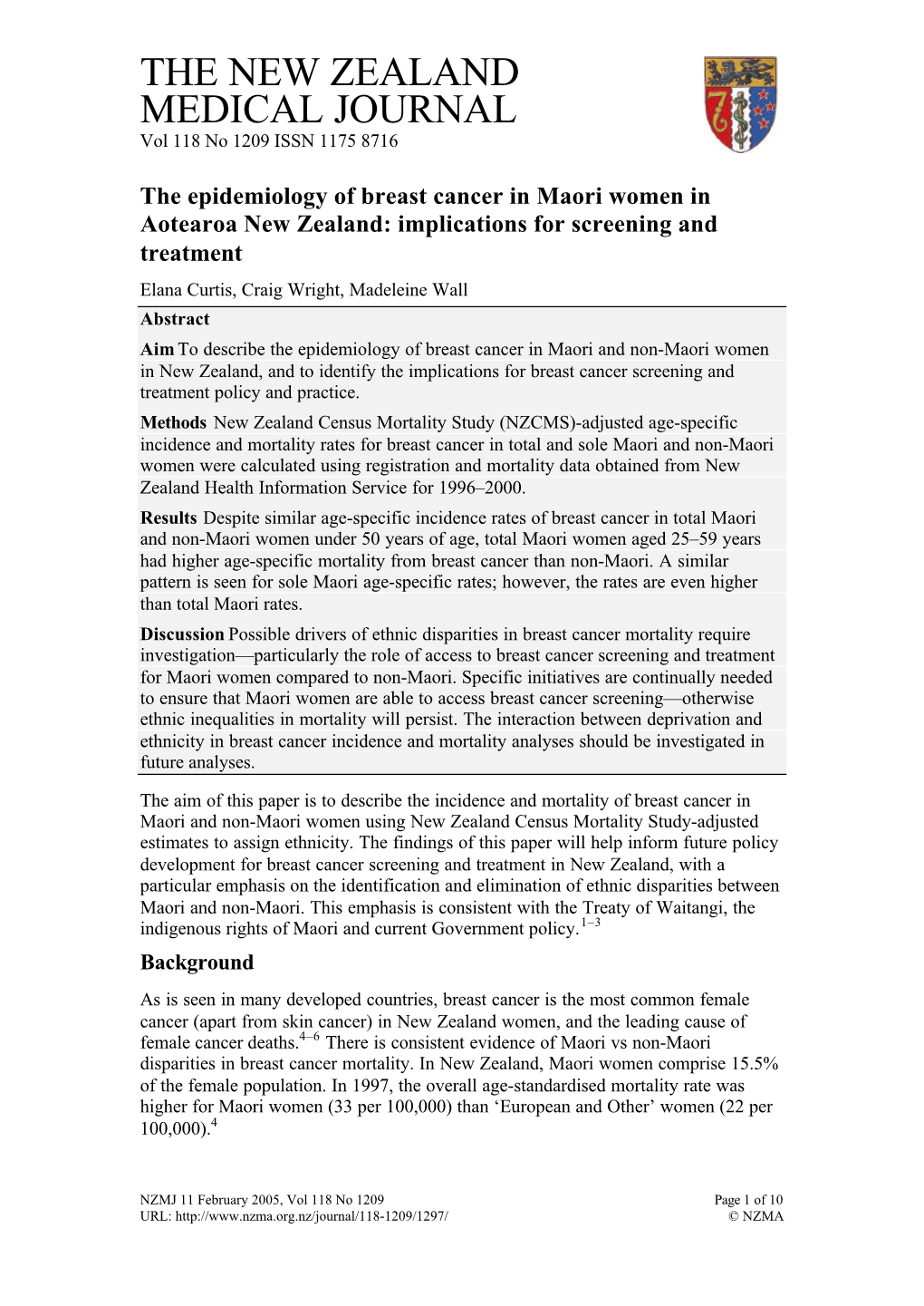 The Epidemiology of Breast Cancer in Maori Women in Aotearoa New Zealand