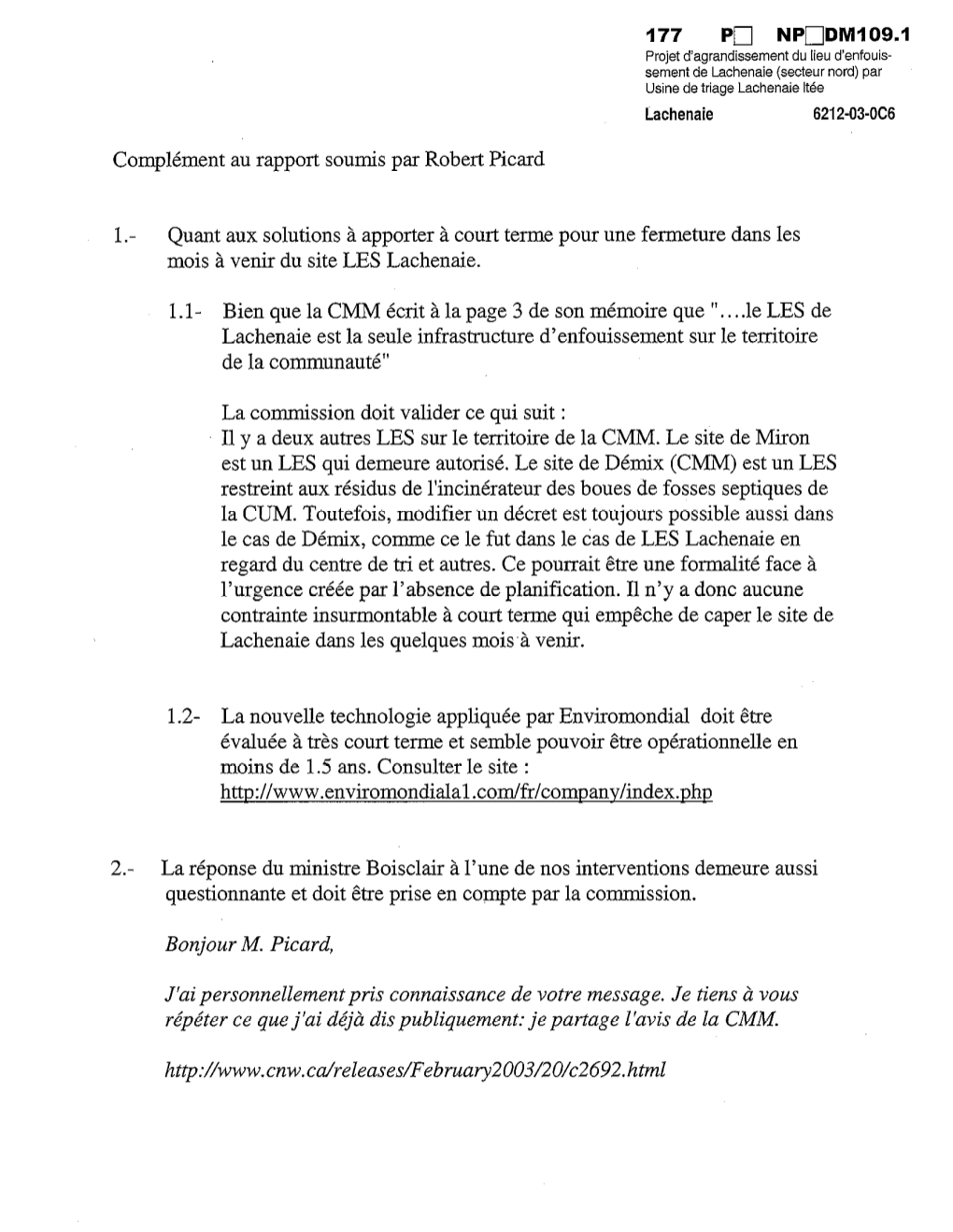 Complément Au Rapport Soumis Par Robert Picard 1.- Quant Aux