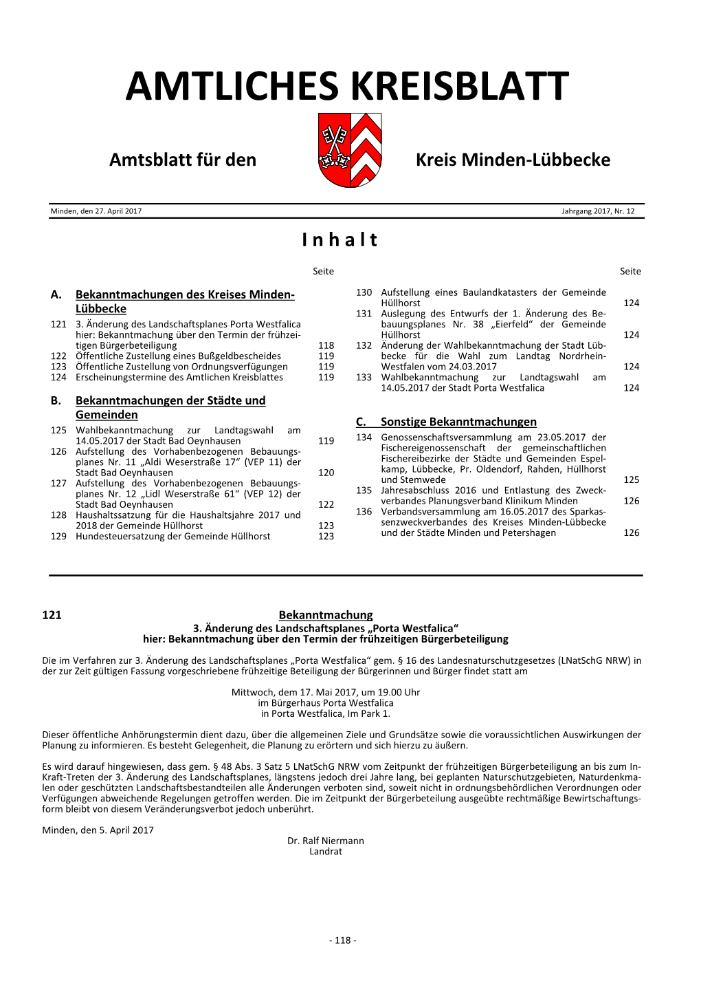 Vorlage Für Die Erstellung Des Amtlichen Kreisblattes- Kopf- Und Inhaltsangabe