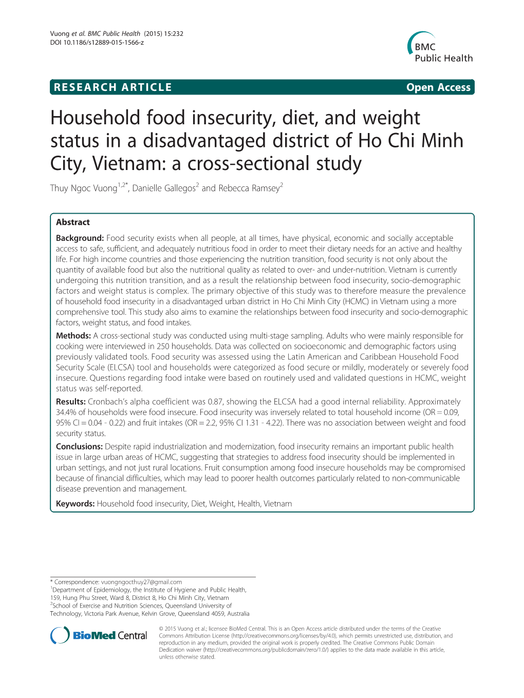 Household Food Insecurity, Diet, and Weight Status in a Disadvantaged District of Ho Chi Minh City, Vietnam: a Cross-Sectional S