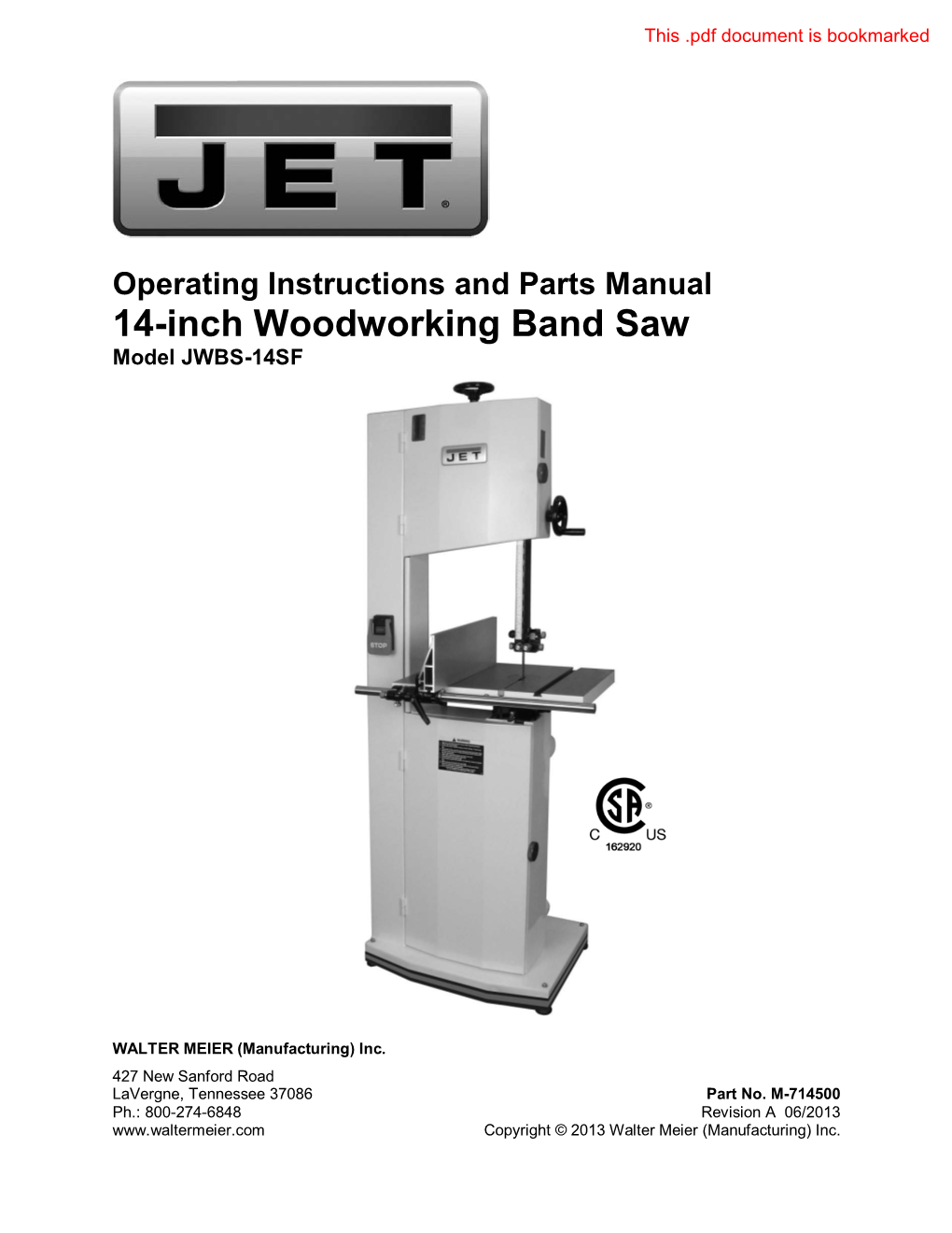 14-Inch Woodworking Band Saw Model JWBS-14SF