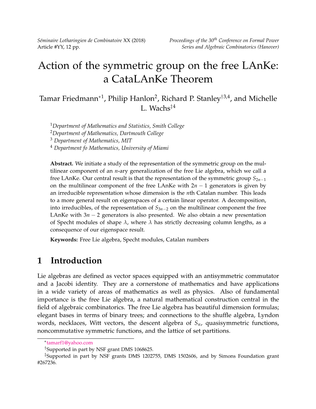 Action of the Symmetric Group on the Free Lanke: a Catalanke Theorem