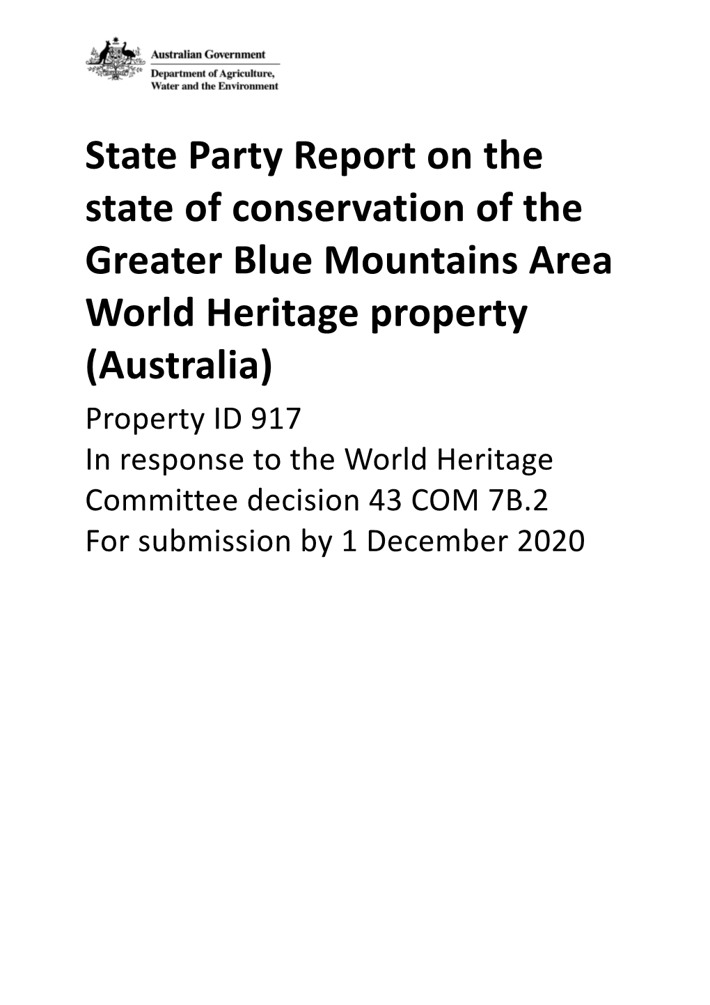 State Party Report on the State of Conservation of the Greater Blue Mountains Area World Heritage Property (Australia)