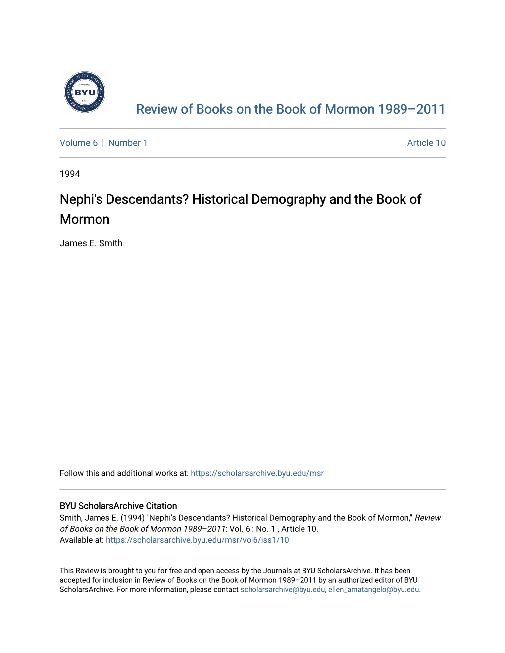 Nephi's Descendants? Historical Demography and the Book of Mormon