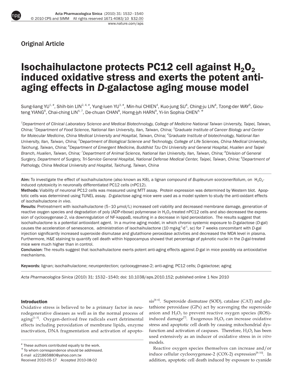 Isochaihulactone Protects PC12 Cell Against H2O2 Induced Oxidative Stress and Exerts the Potent Anti- Aging Effects in D-Galactose Aging Mouse Model