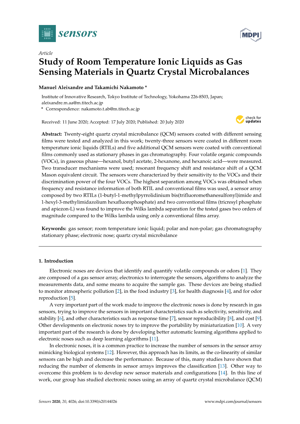 Study of Room Temperature Ionic Liquids As Gas Sensing Materials in Quartz Crystal Microbalances