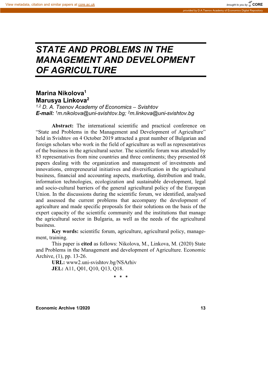 State and Problems in the Management and Development of Agriculture