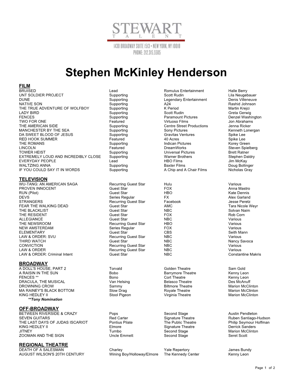 Stephen Mckinley Henderson Theatrical Resume
