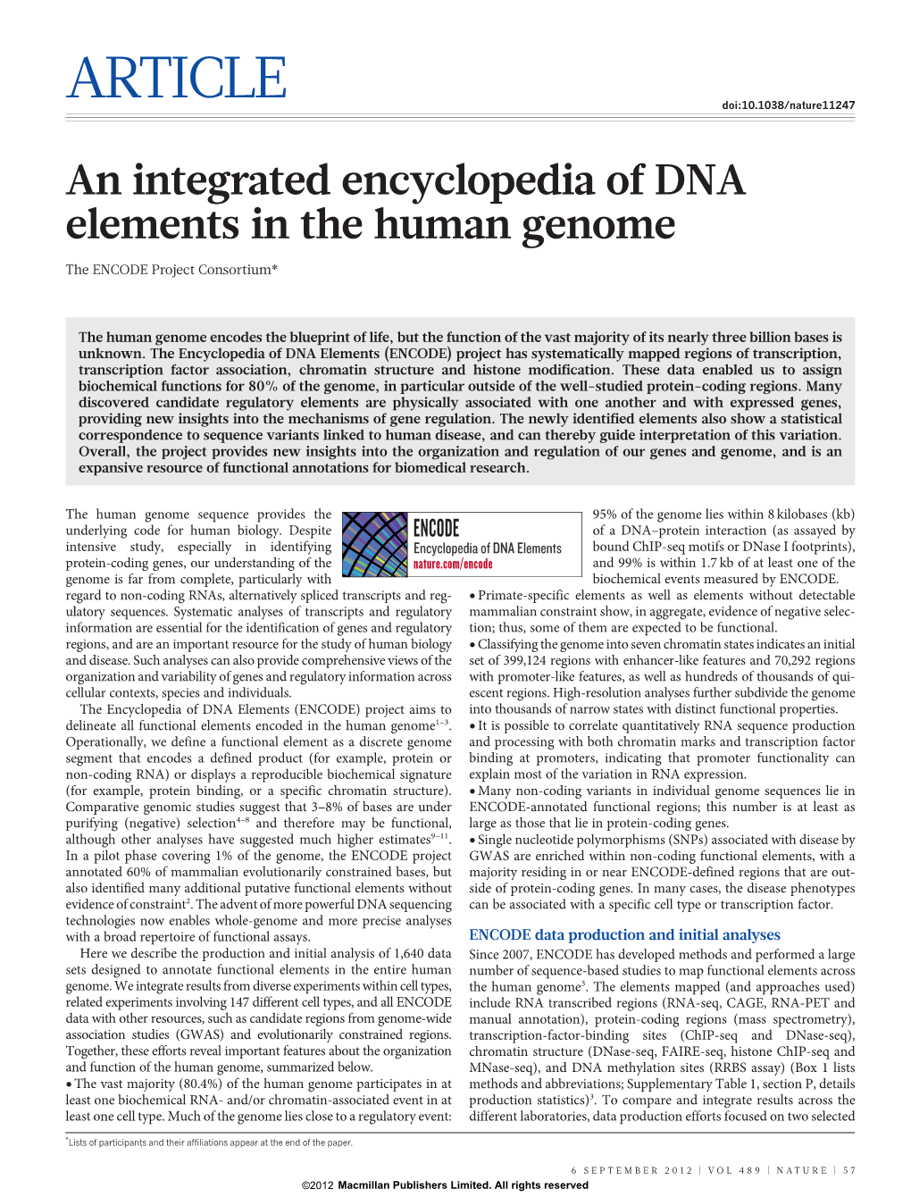An Integrated Encyclopedia of DNA Elements in the Human Genome