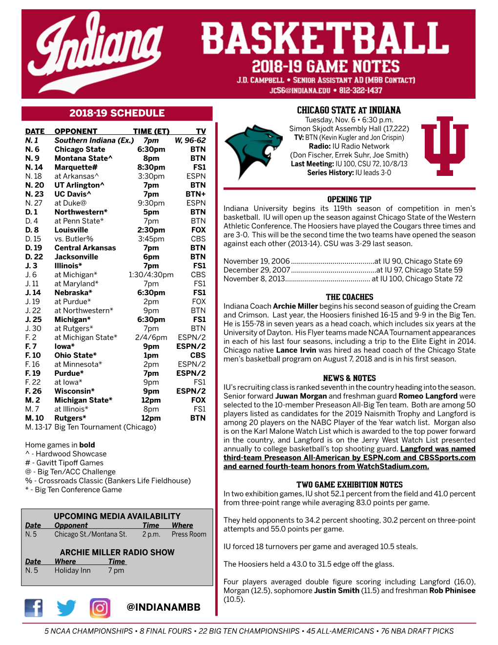@INDIANAMBB 2018-19 SCHEDULE CHICAGO STATE at INDIANA