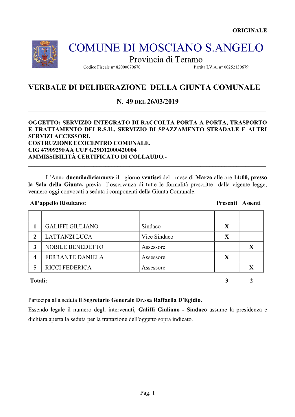 COMUNE DI MOSCIANO S.ANGELO Provincia Di Teramo Codice Fiscale N° 82000070670 Partita I.V.A