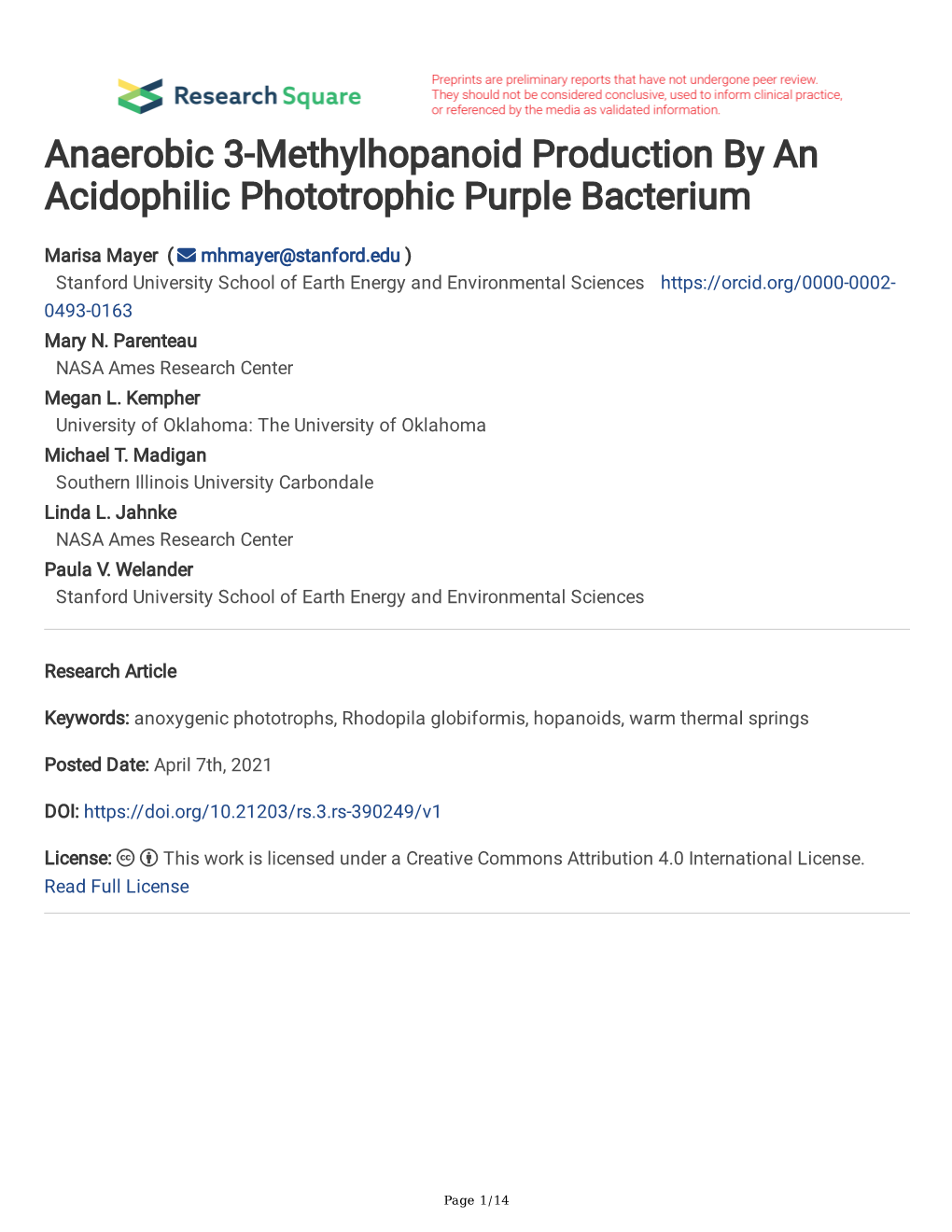 Anaerobic 3-Methylhopanoid Production by an Acidophilic Phototrophic Purple Bacterium