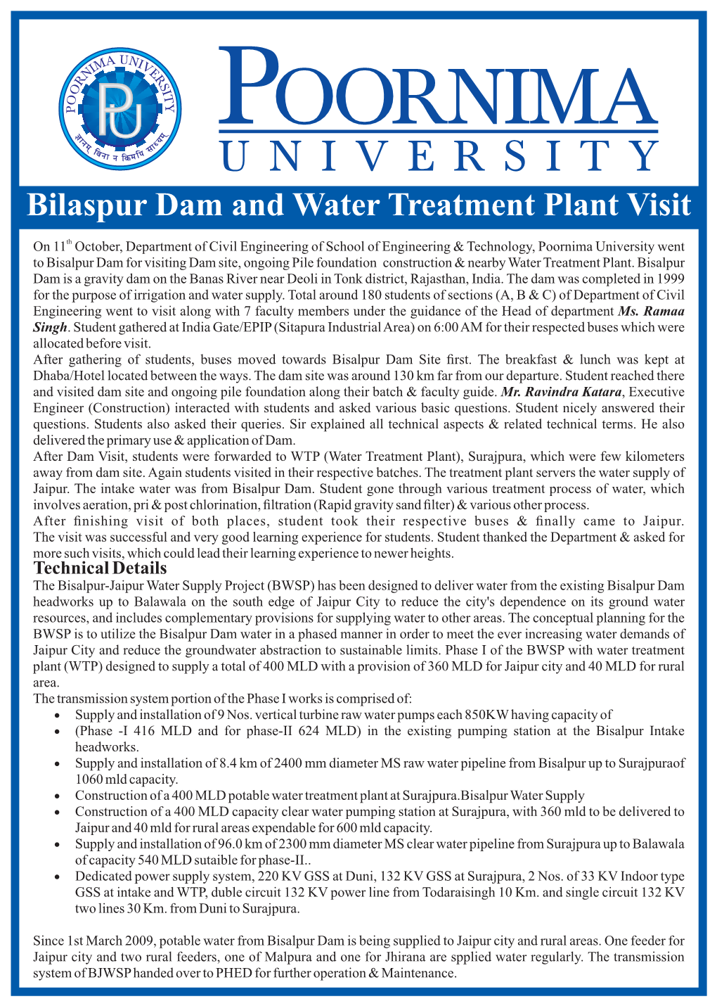 Bilaspur Dam and Water Treatment Plant Visit