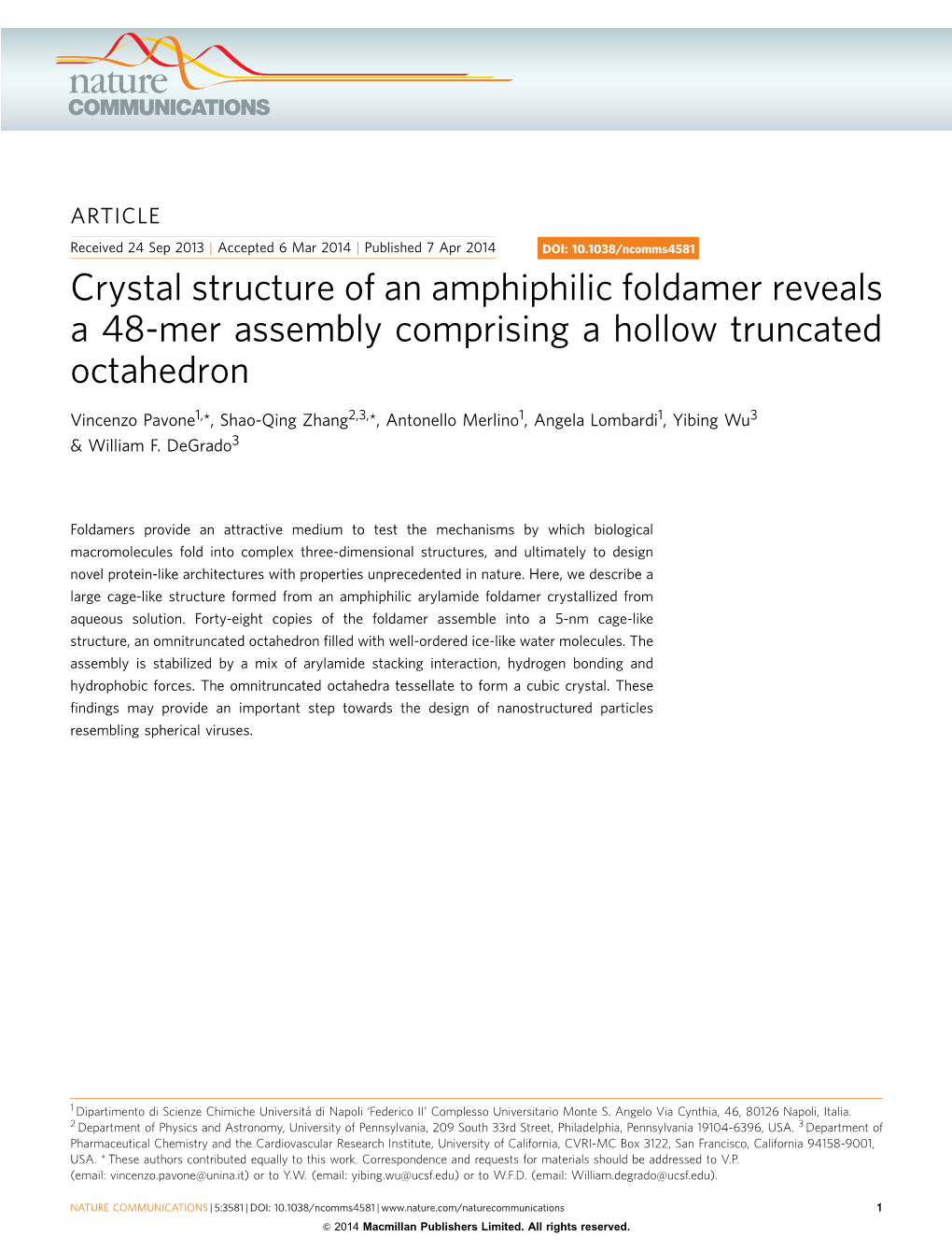 Crystal Structure of an Amphiphilic Foldamer Reveals a 48-Mer Assembly Comprising a Hollow Truncated Octahedron